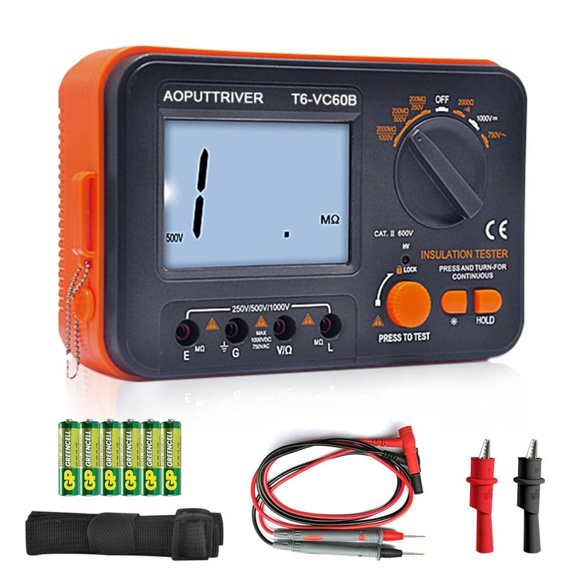 AOPUTTRIVER Megohmmeter 1000V Insulation Resistance Tester, 1999 Counts Megaohm Meter Big LCD Display DCV ACV Megohm Meter DC250/500/1000V, 200MΩ~2000MΩ Resistance Testing with Data Hold Backlit for Motor Cables - Image 1